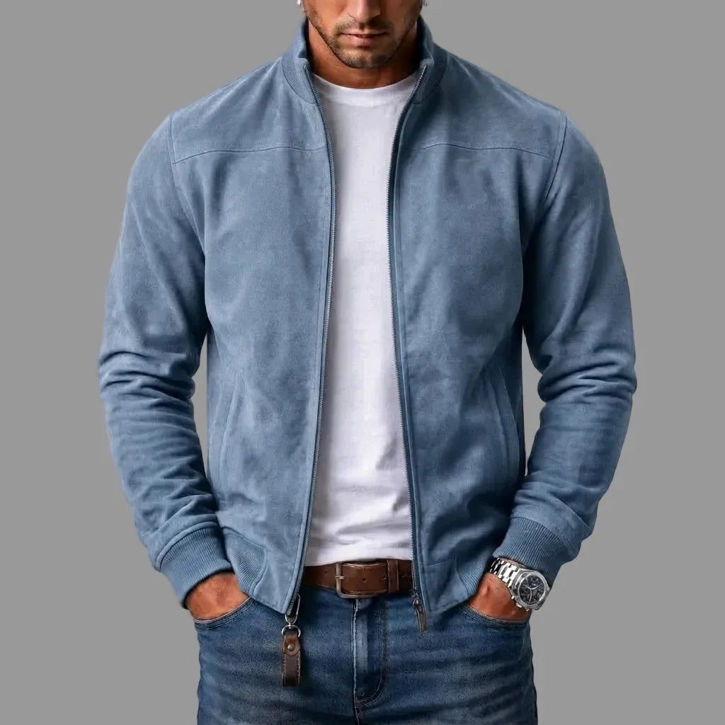 Men's Suede Bomber Jacket with Ribbed Trim