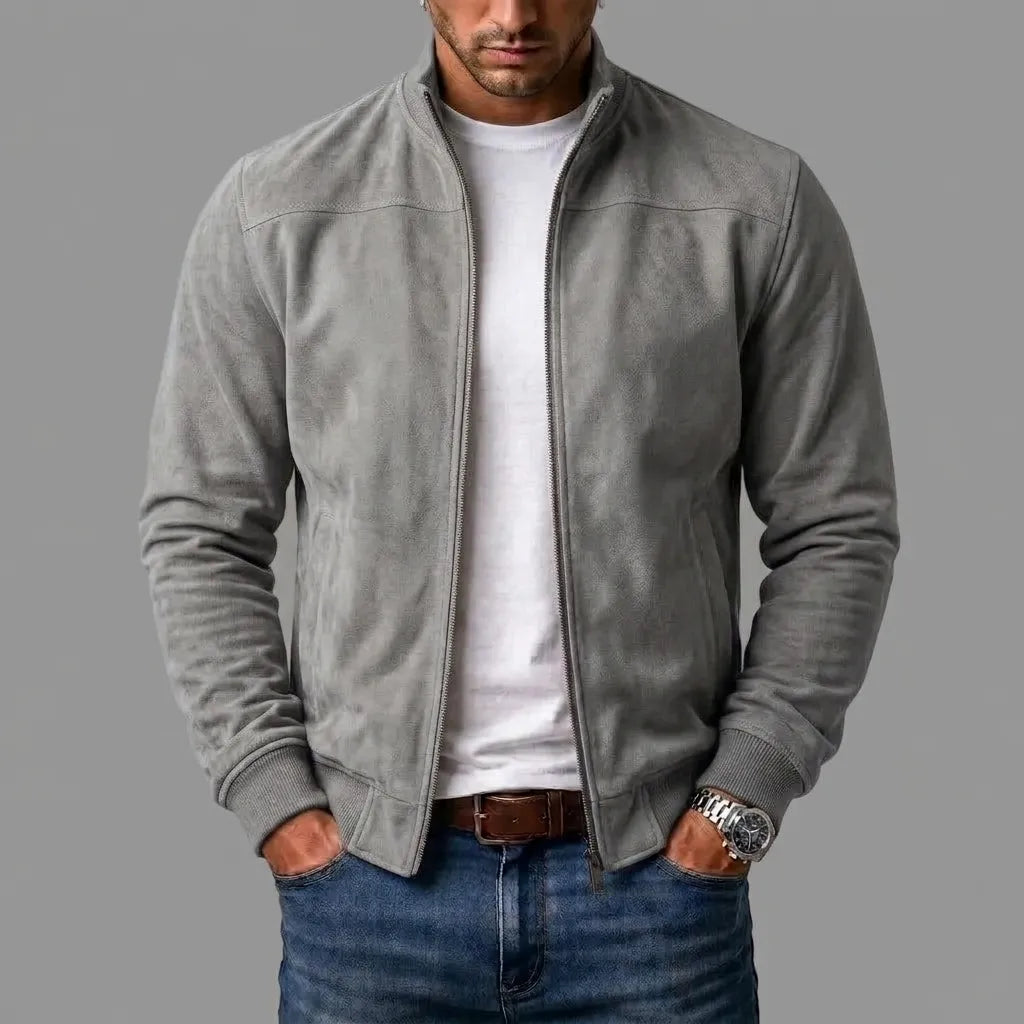 Men's Suede Bomber Jacket with Ribbed Trim