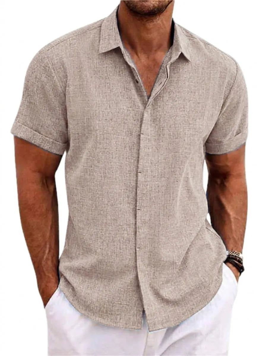 Men's Textured Linen Short-Sleeve Shirt with Classic Collar