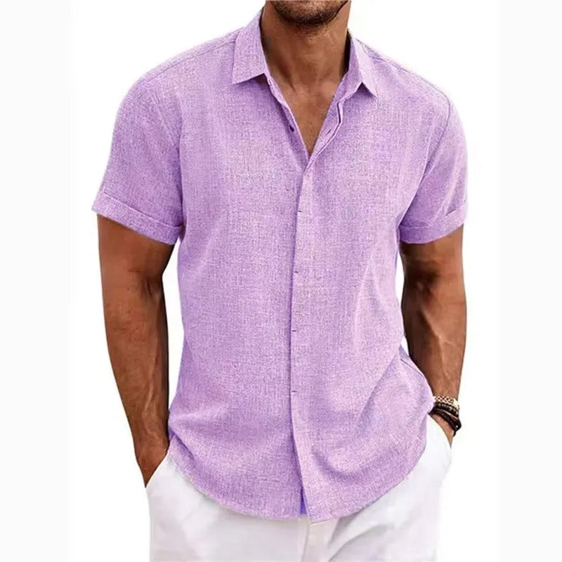 Men's Textured Linen Short-Sleeve Shirt with Classic Collar