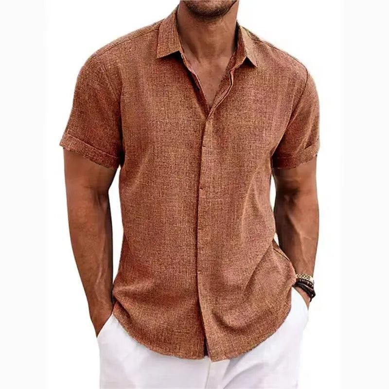 Men's Textured Linen Short-Sleeve Shirt with Classic Collar