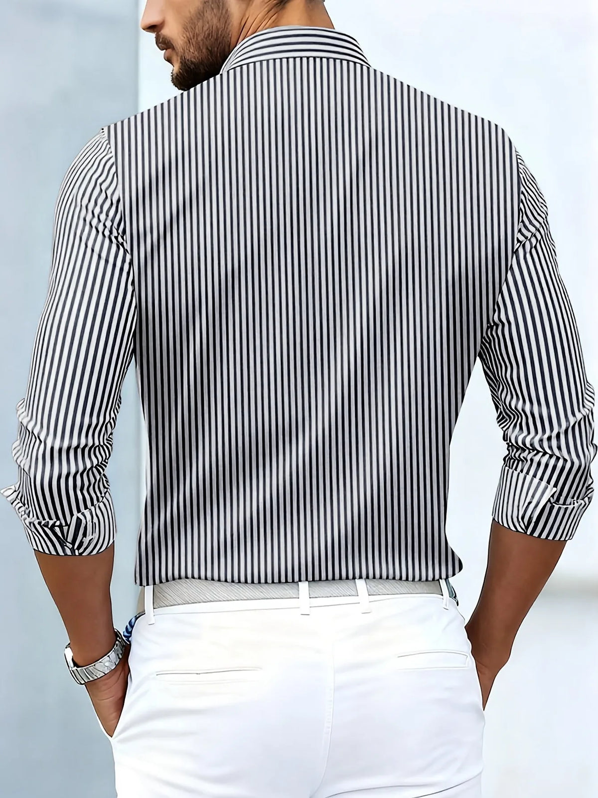 Men's Vintage Striped Long-Sleeve Buttoned Shirt with Distressed Finish