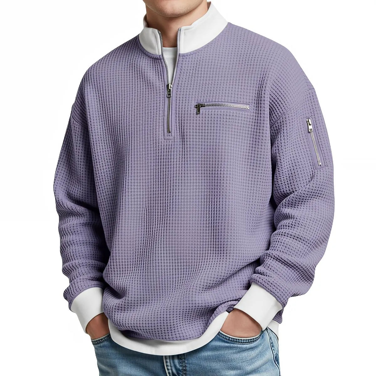 Men's Waffle-Knit Sweater with Quarter-Zip Collar