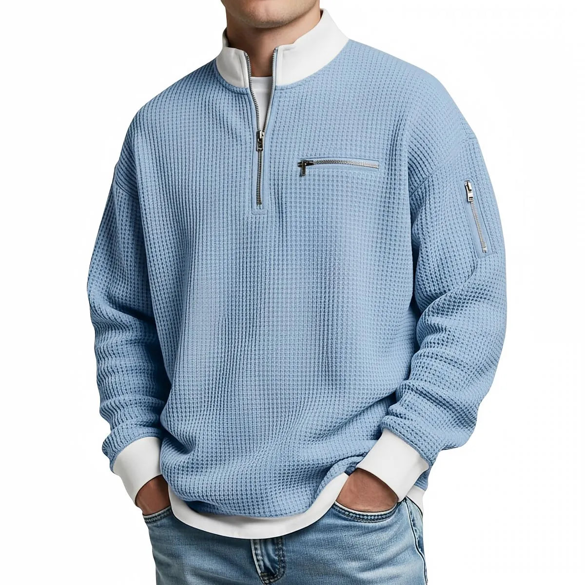 Men's Waffle-Knit Sweater with Quarter-Zip Collar