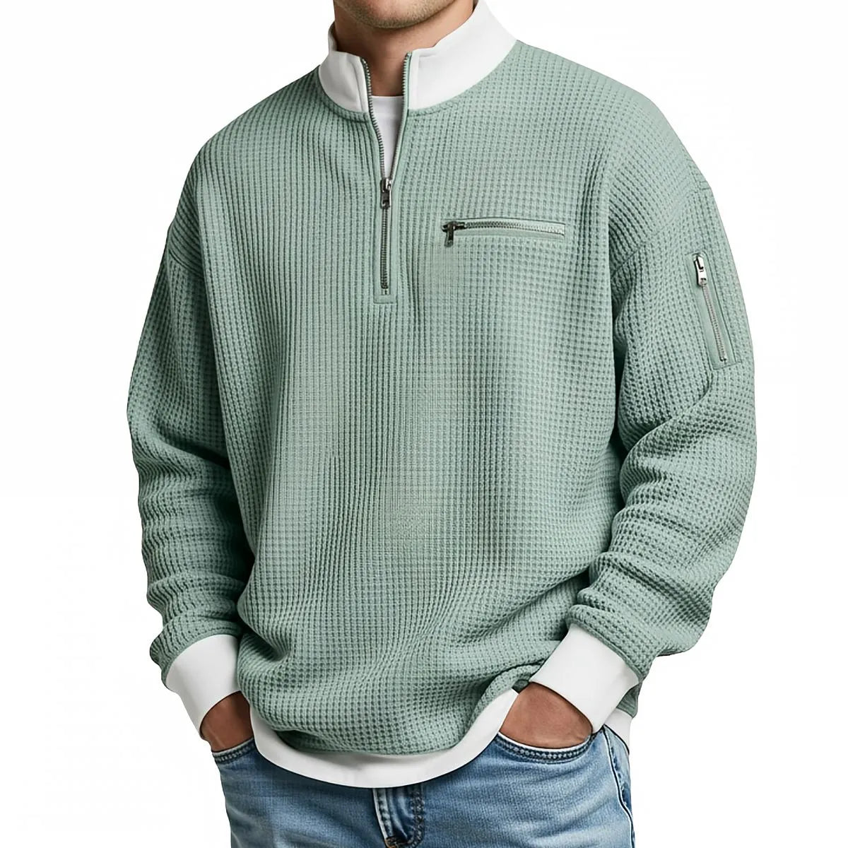 Men's Waffle-Knit Sweater with Quarter-Zip Collar