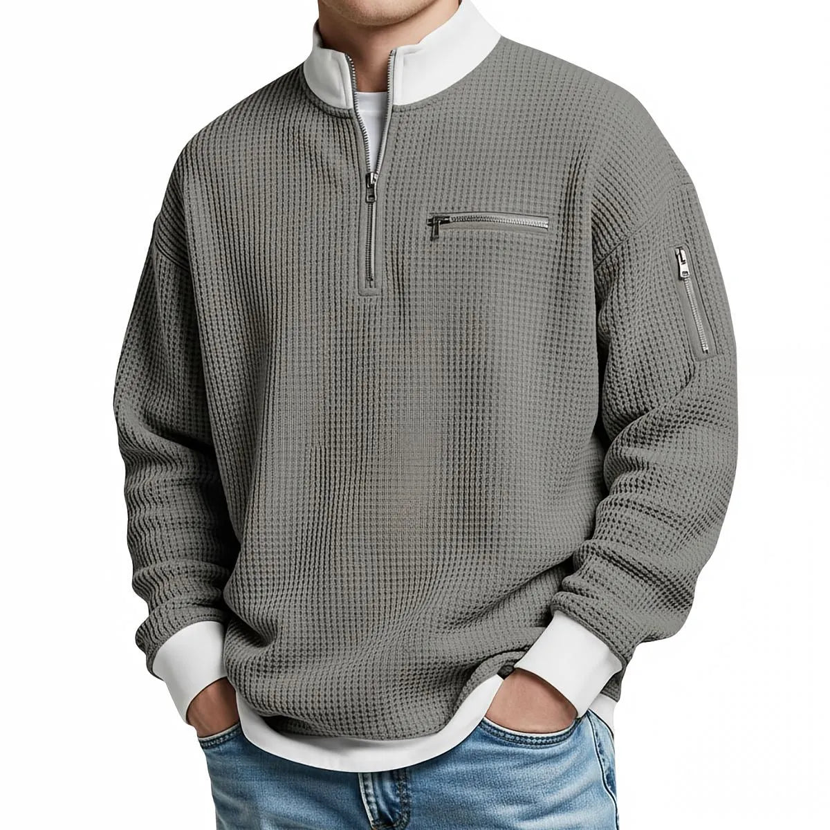 Men's Waffle-Knit Sweater with Quarter-Zip Collar