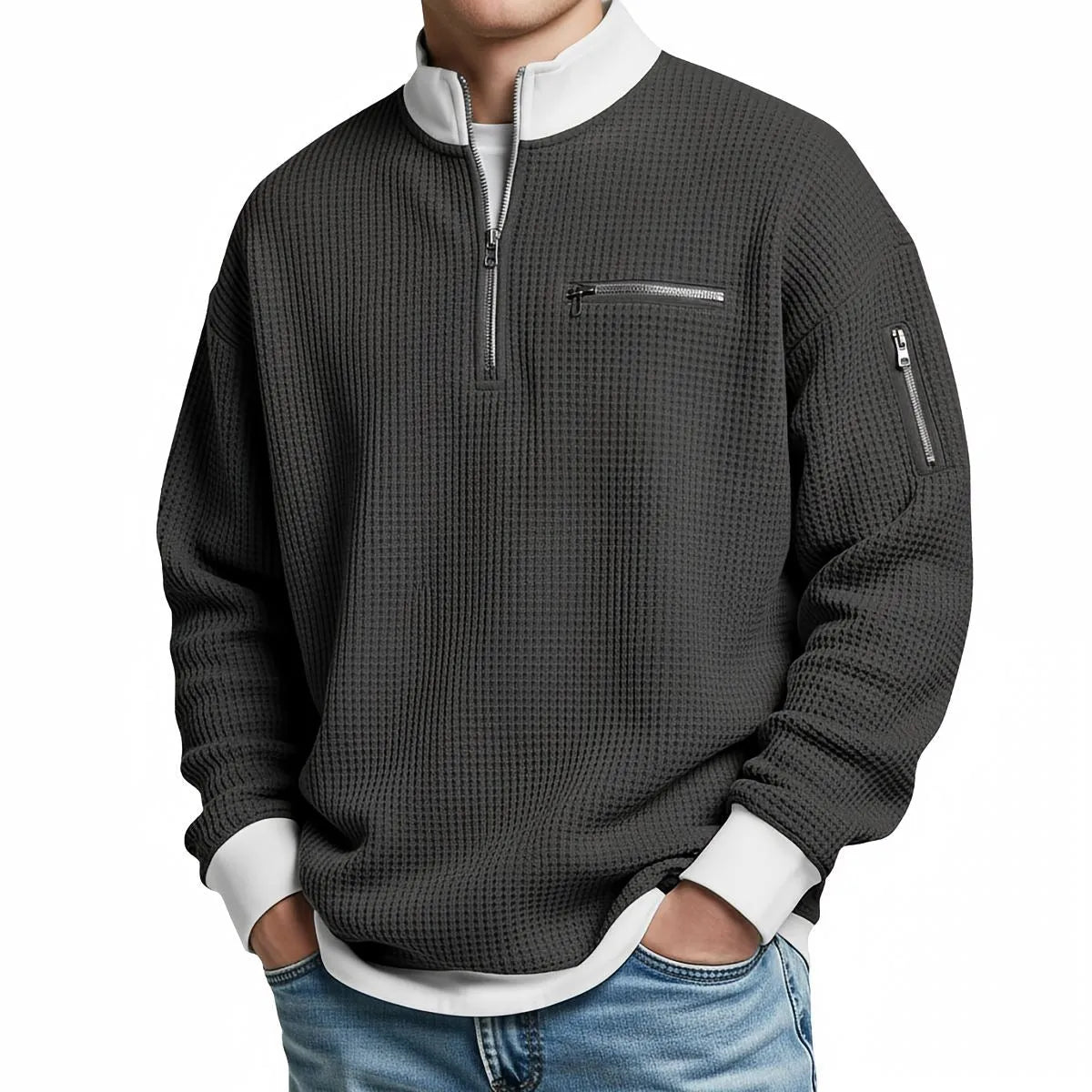 Men's Waffle-Knit Sweater with Quarter-Zip Collar
