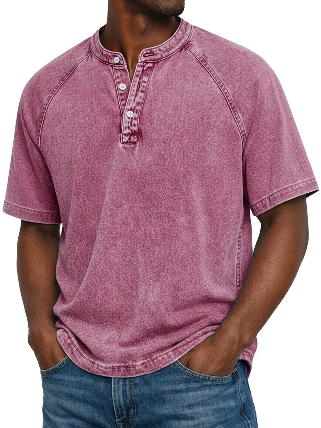 Men's Washed Henley T-Shirt with Raglan Sleeves