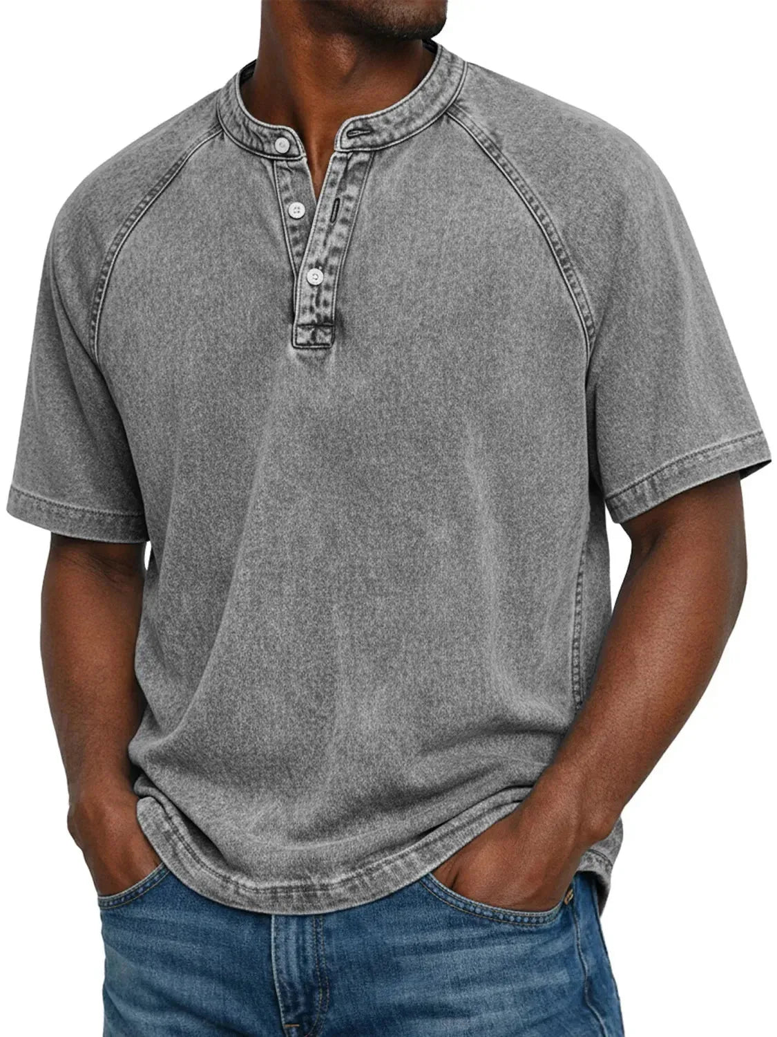 Men's Washed Henley T-Shirt with Raglan Sleeves