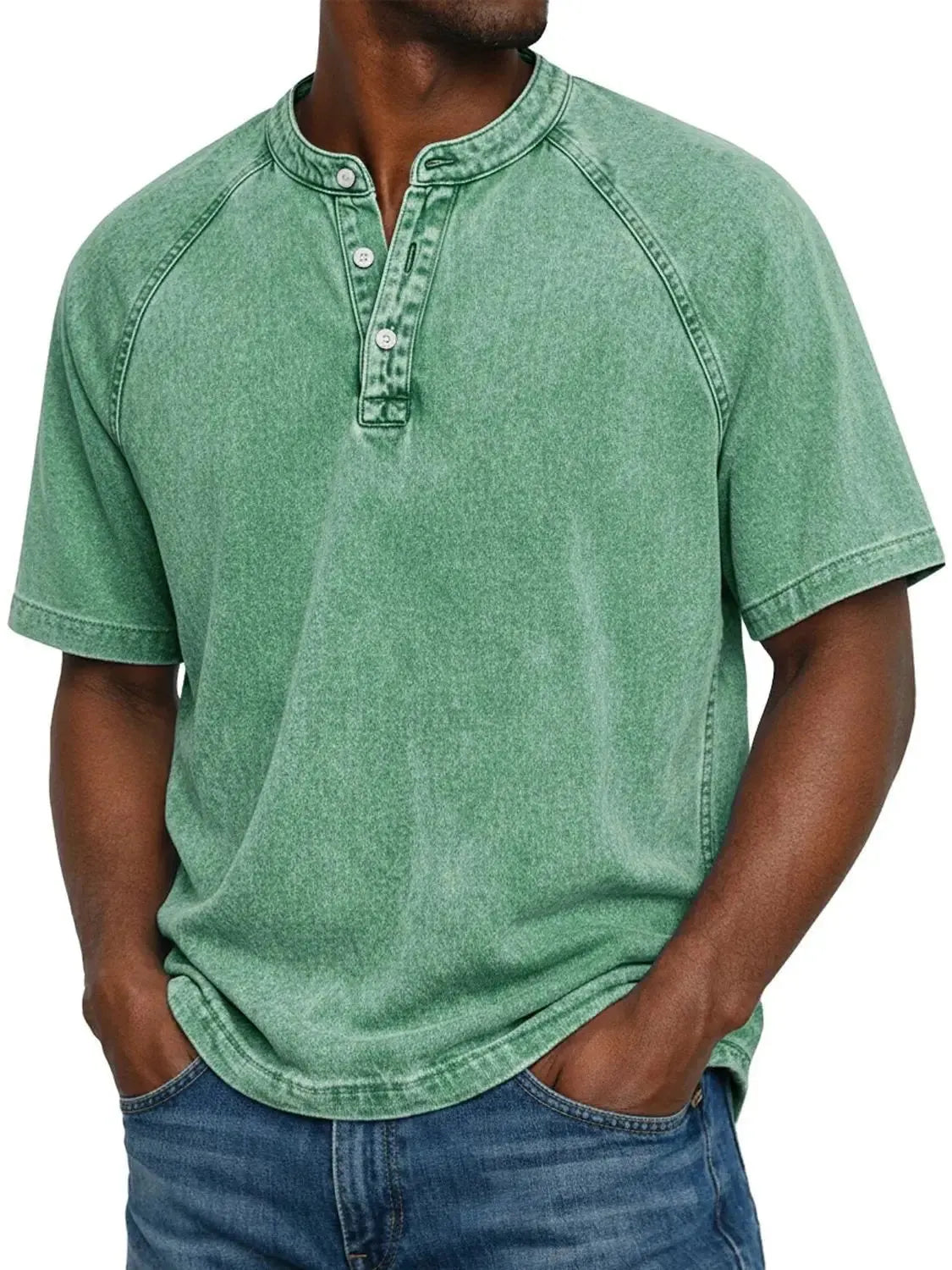 Men's Washed Henley T-Shirt with Raglan Sleeves