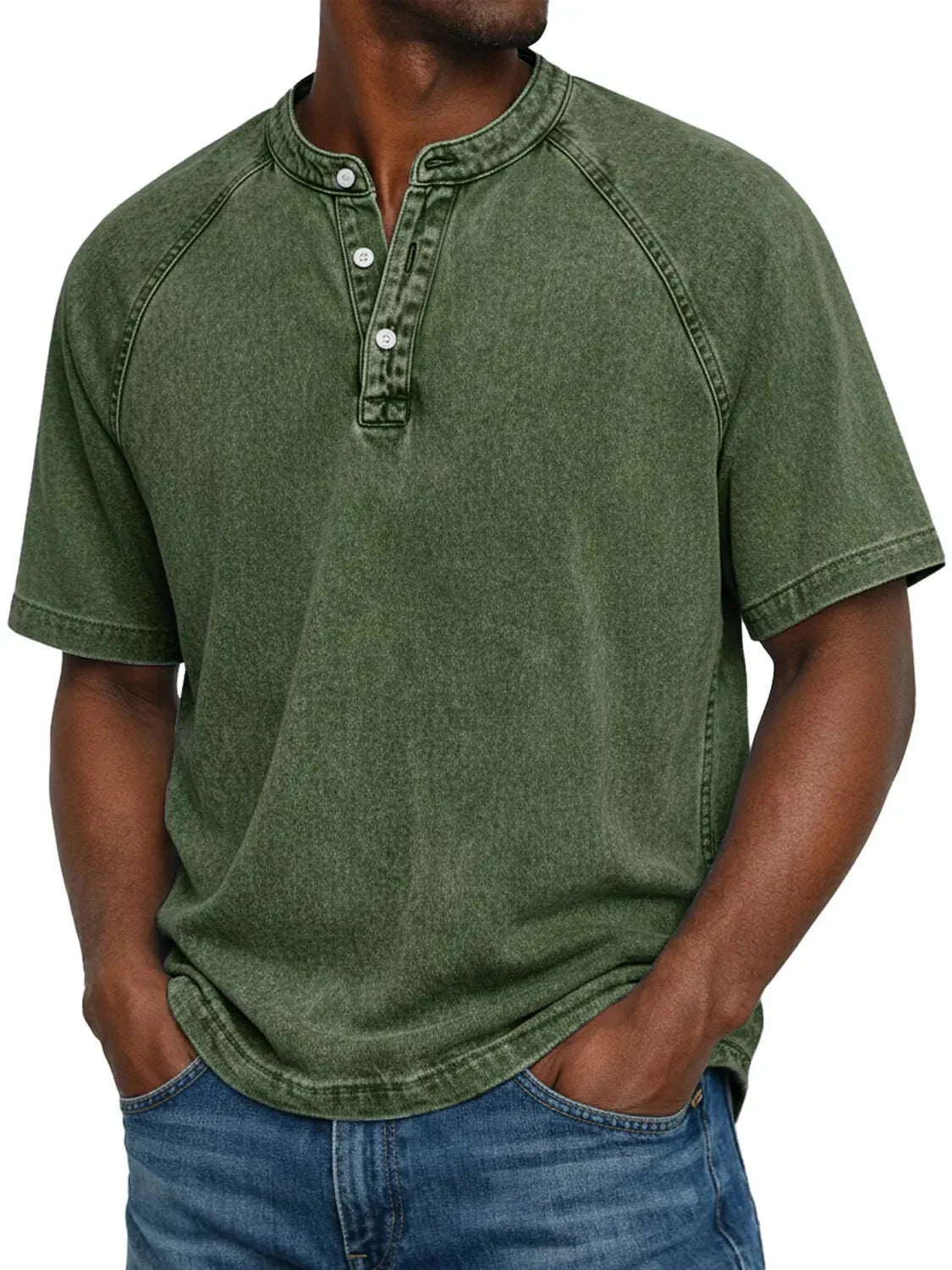 Men's Washed Henley T-Shirt with Raglan Sleeves