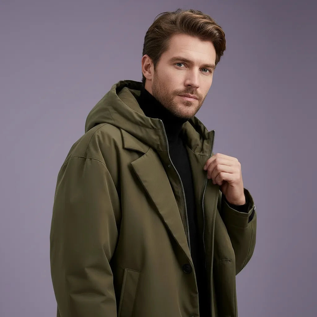 Men's Waterproof Hooded Long Trench Coat with Dual Closure