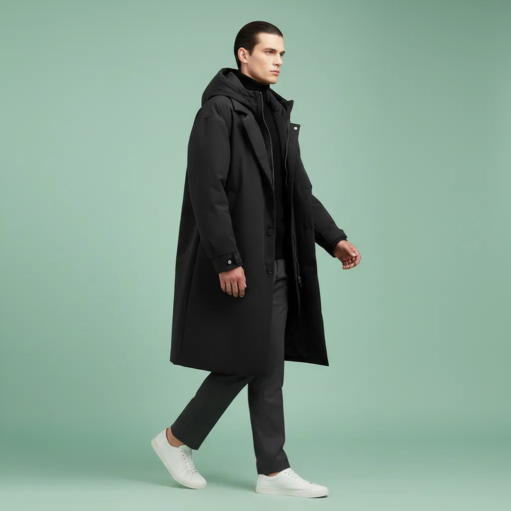 Men's Waterproof Hooded Long Trench Coat with Dual Closure