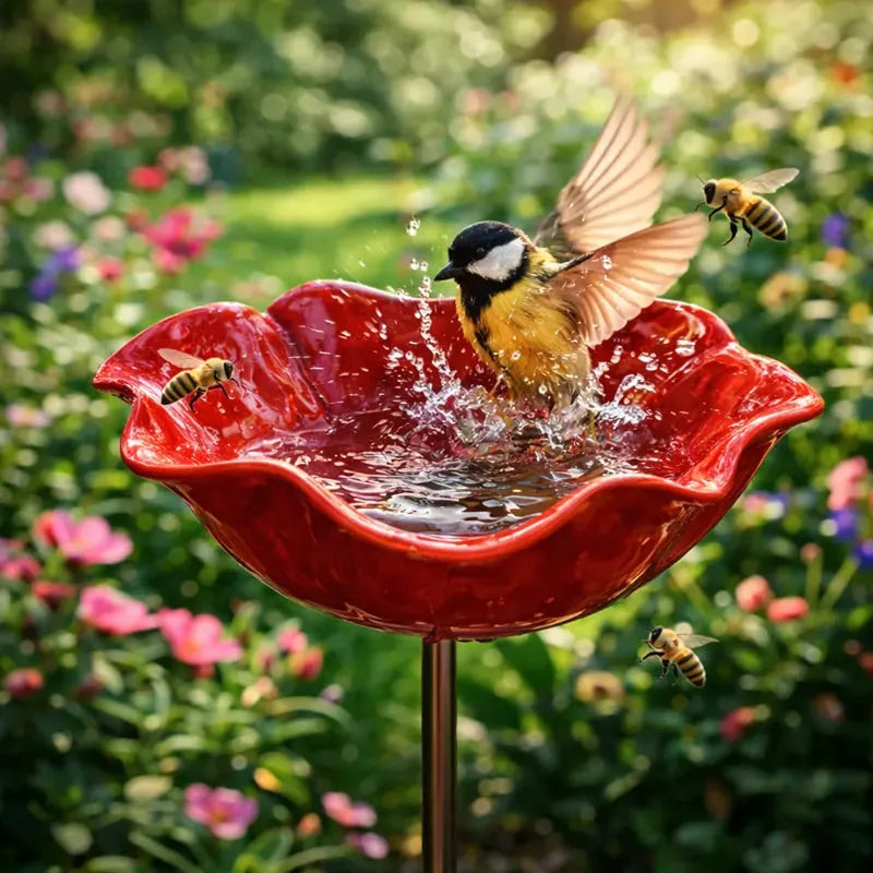 Metal Flower Bird Bath Stake with Ground Spike