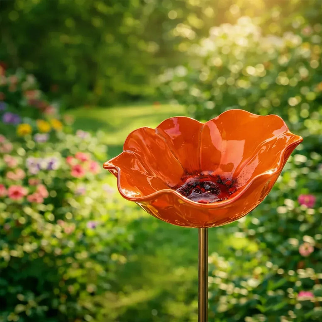 Metal Flower Bird Bath Stake with Ground Spike