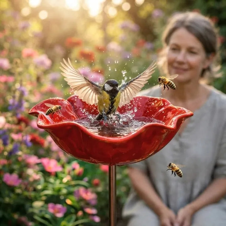Metal Flower Bird Bath Stake with Ground Spike