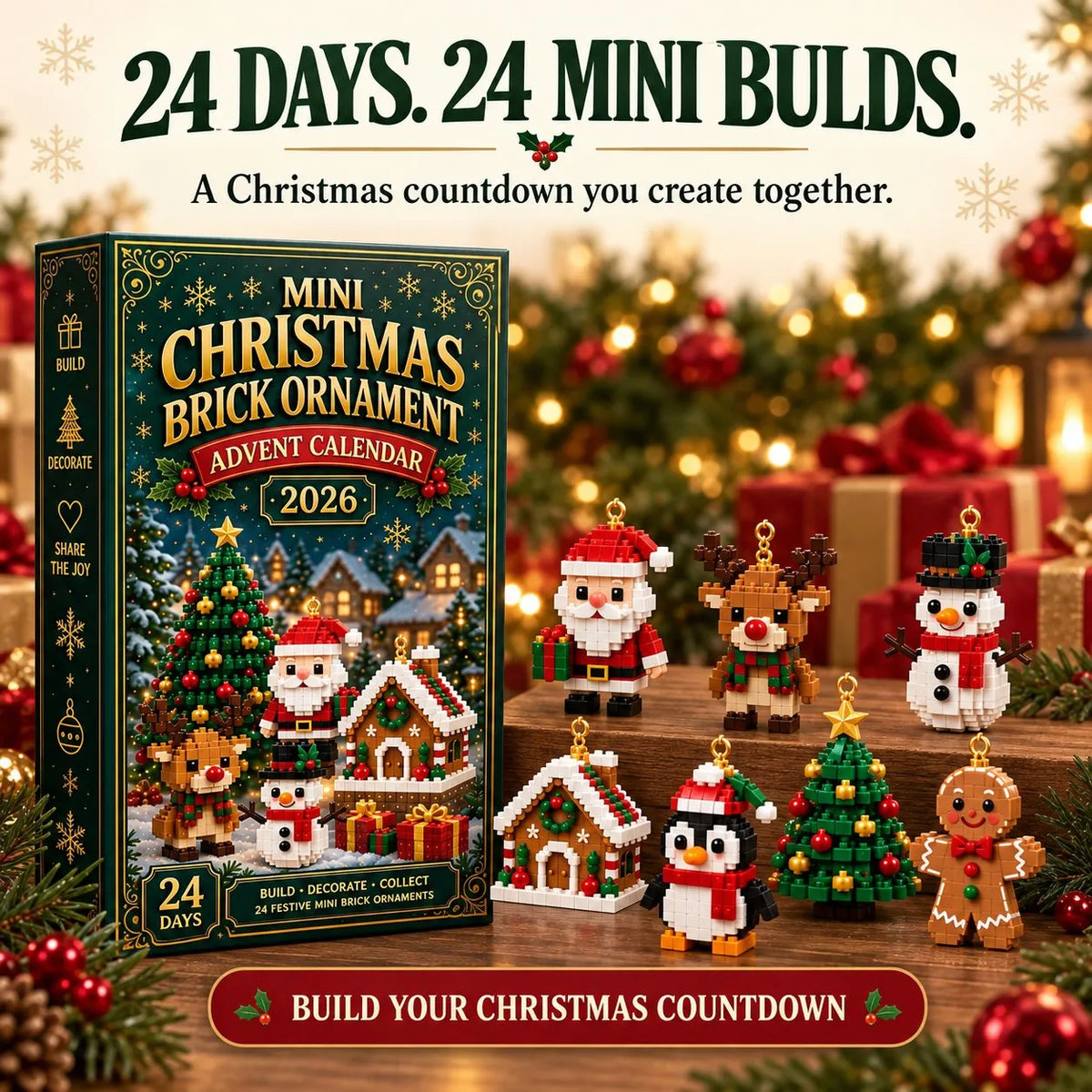 Mini Brick Advent Calendar with 24 Hanging Christmas Building Sets