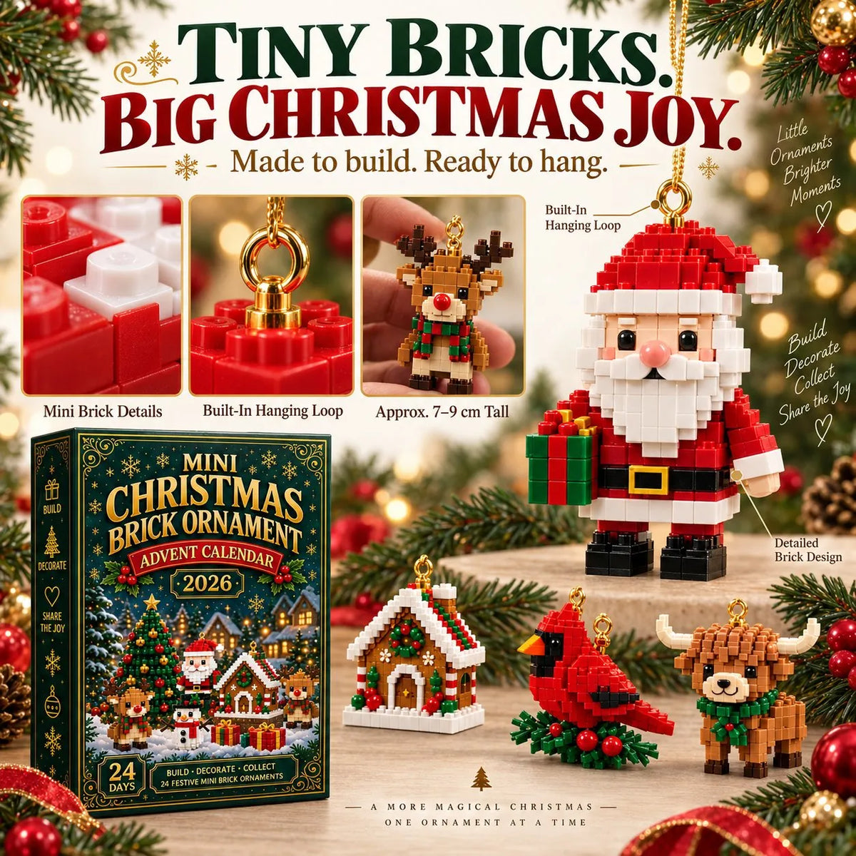 Mini Brick Advent Calendar with 24 Hanging Christmas Building Sets