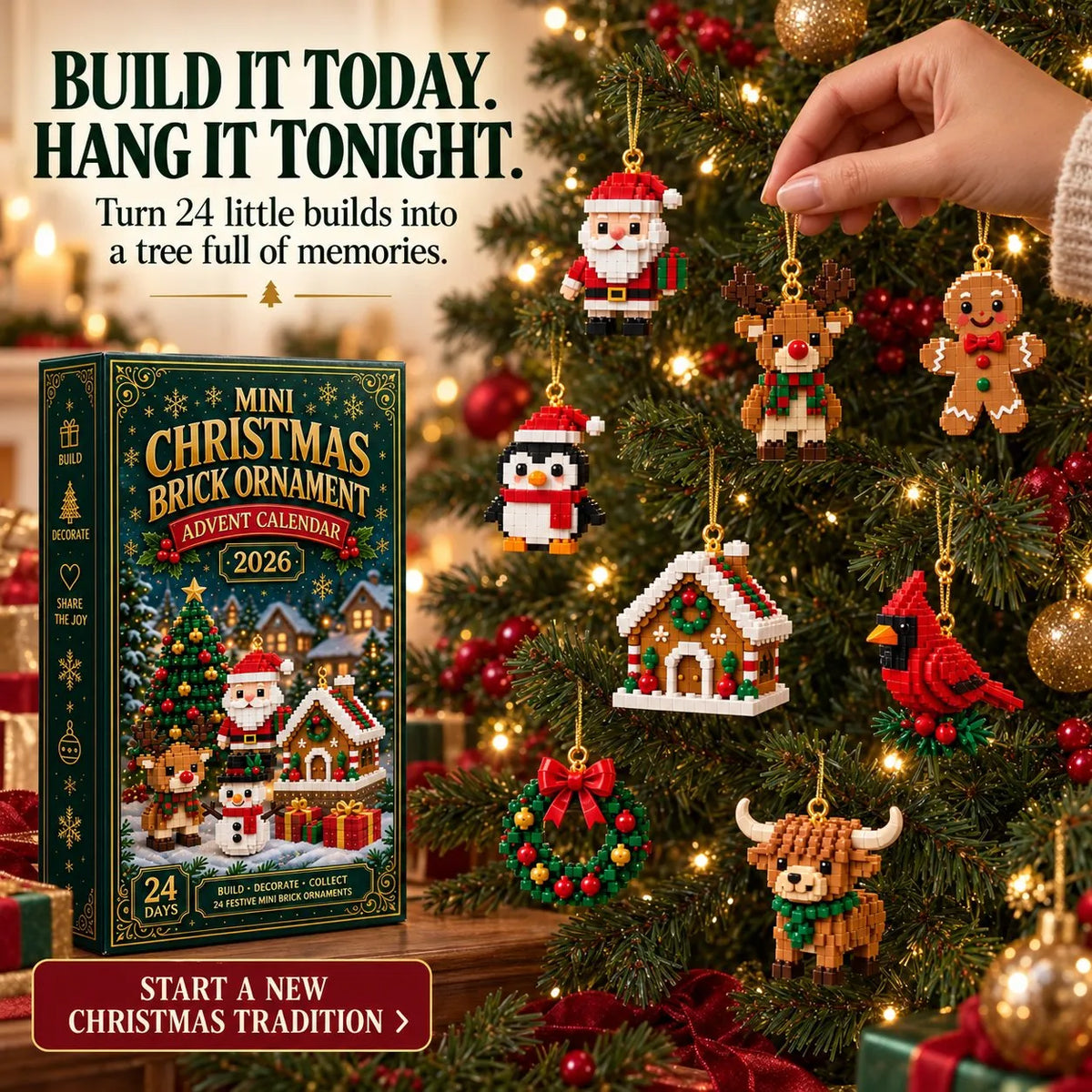 Mini Brick Advent Calendar with 24 Hanging Christmas Building Sets