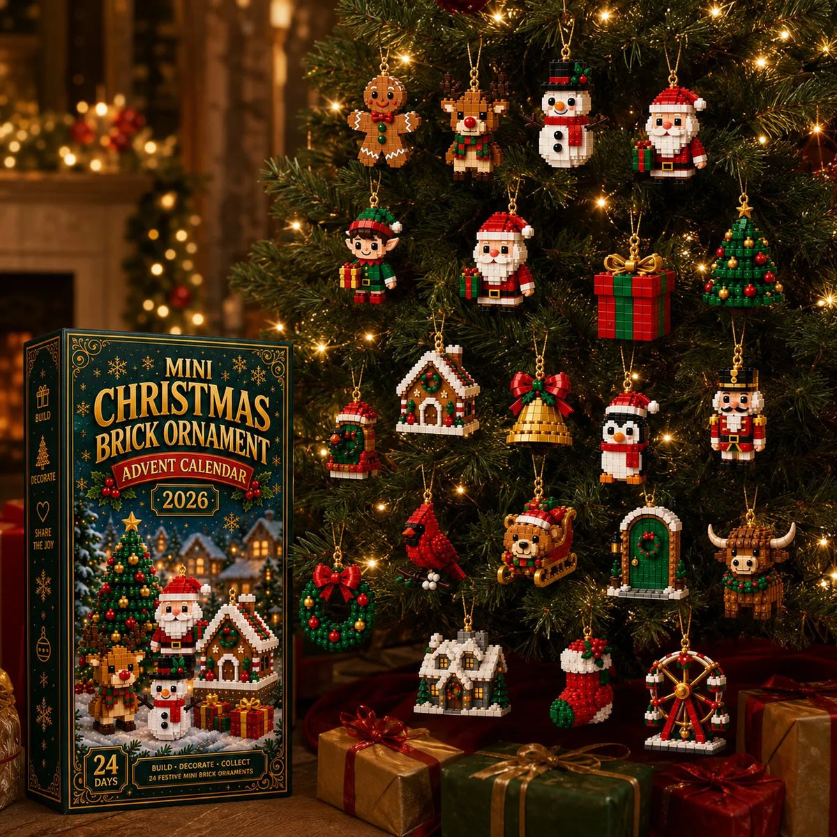 Mini Brick Advent Calendar with 24 Hanging Christmas Building Sets
