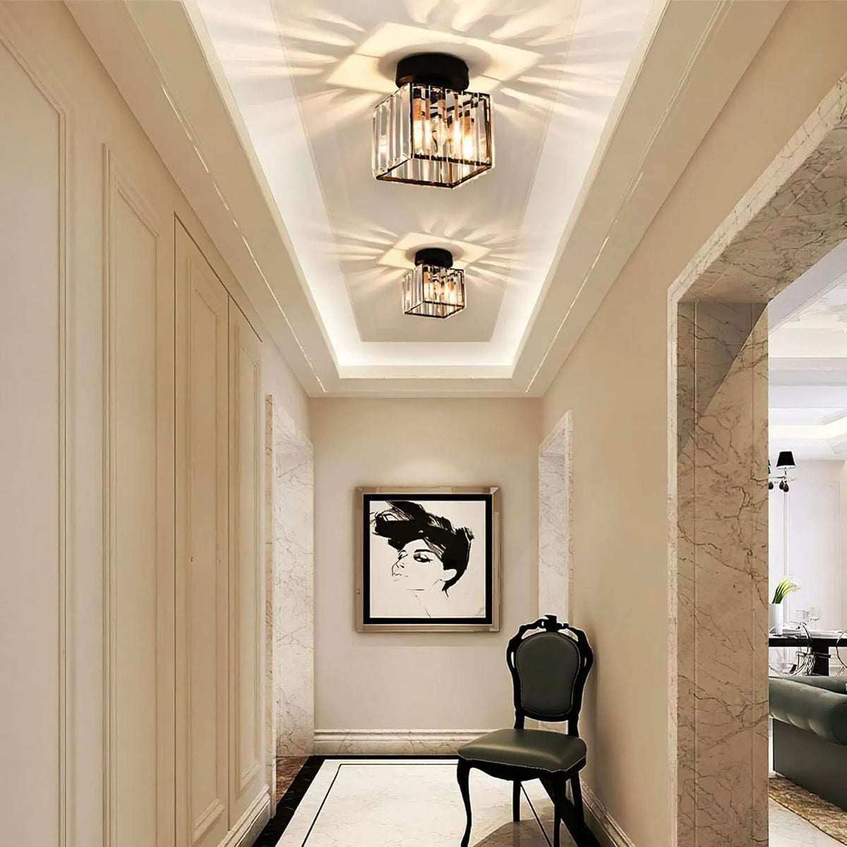 Modern Square Ceiling Light with Crystal Glass Shade