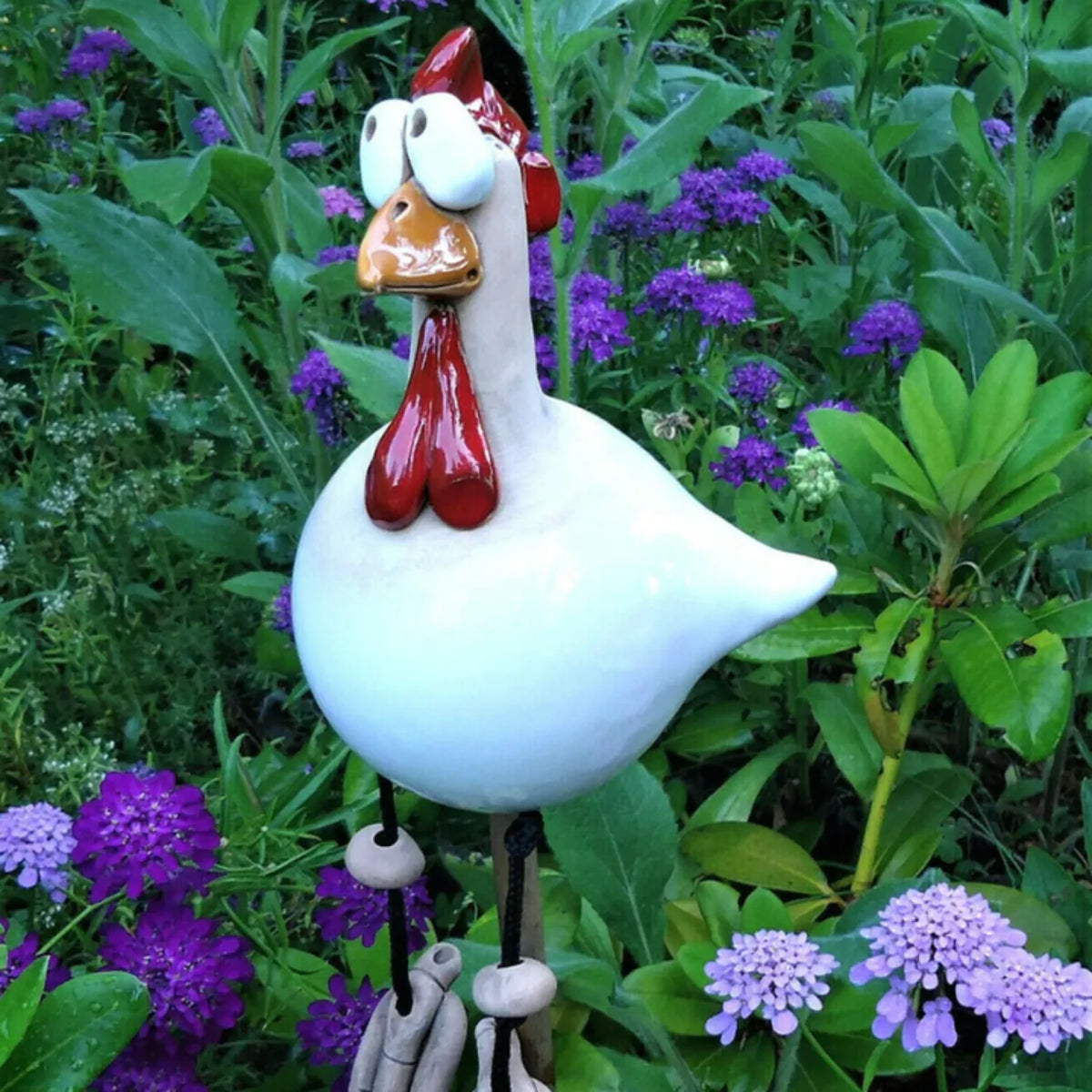 Playful Chicken Garden Statue with Dangling Legs