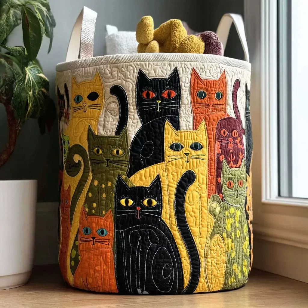 Quilted Cat Folk Art Laundry Basket with Sturdy Handles