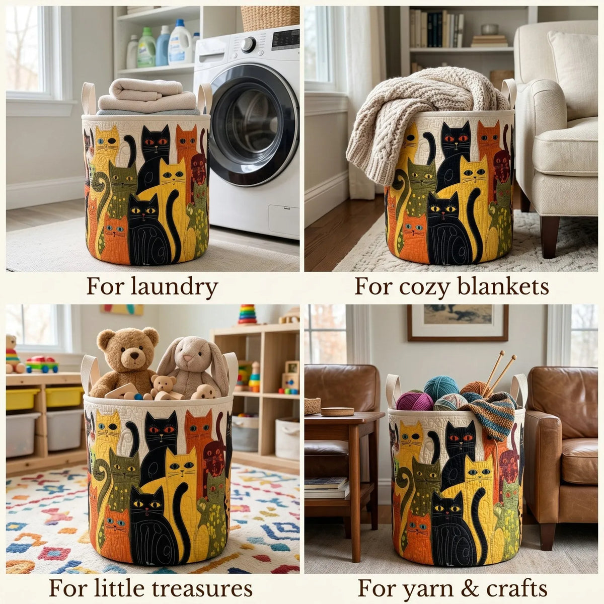 Quilted Cat Folk Art Laundry Basket with Sturdy Handles