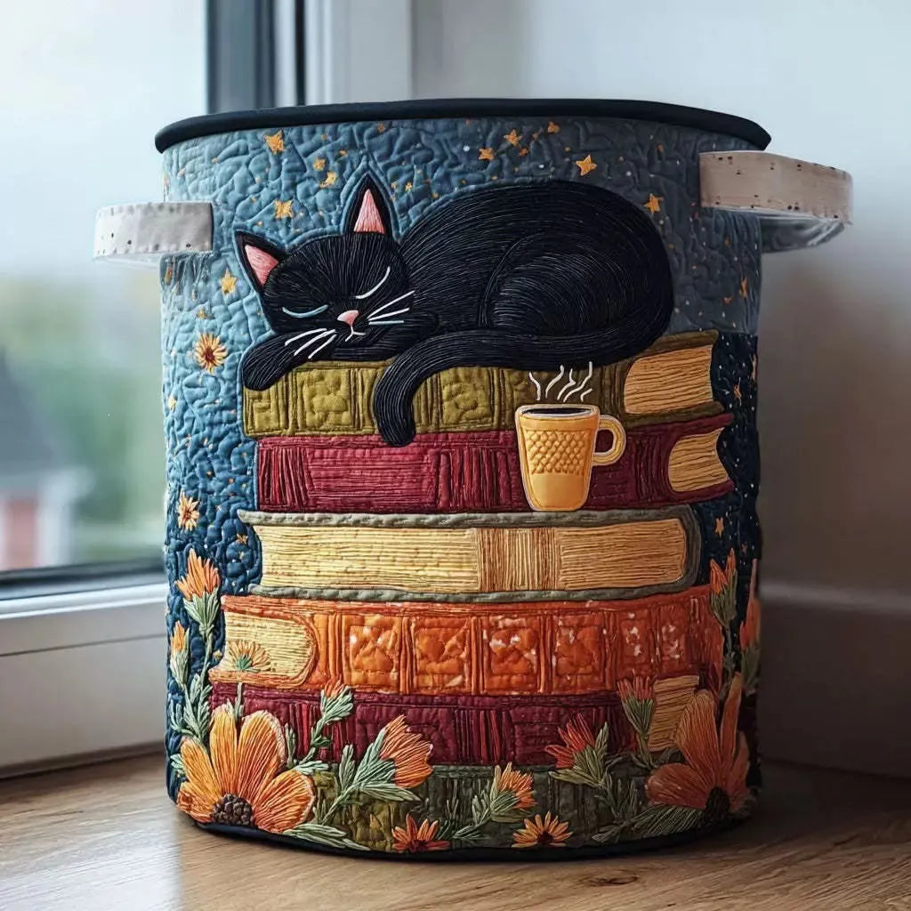 Quilted Cat Library Laundry Basket with Handles