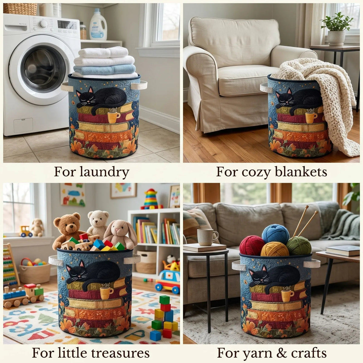 Quilted Cat Library Laundry Basket with Handles