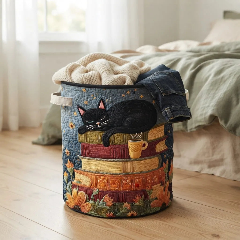 Quilted Cat Library Laundry Basket with Handles