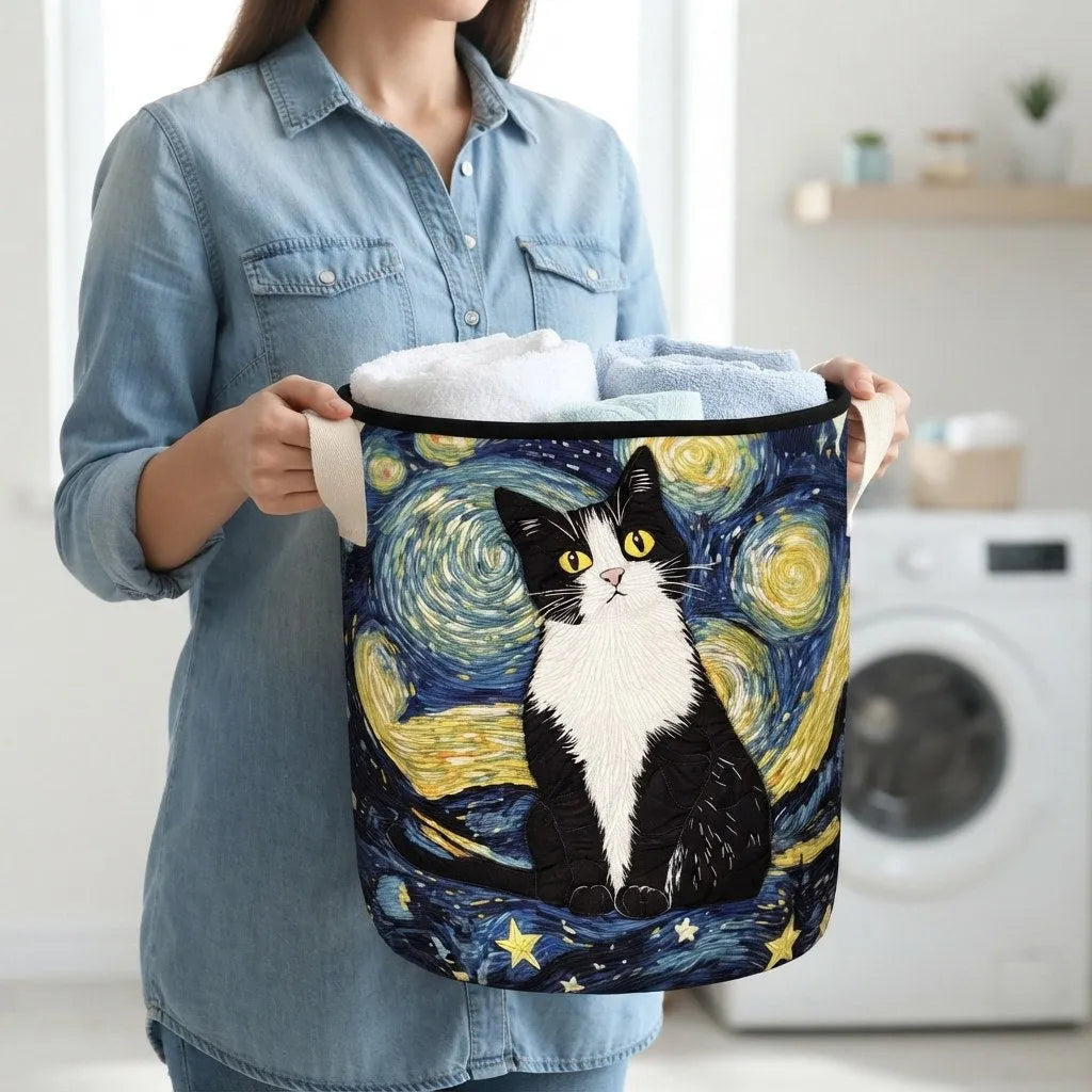 Quilted Cat Print Laundry Basket with Canvas Handles