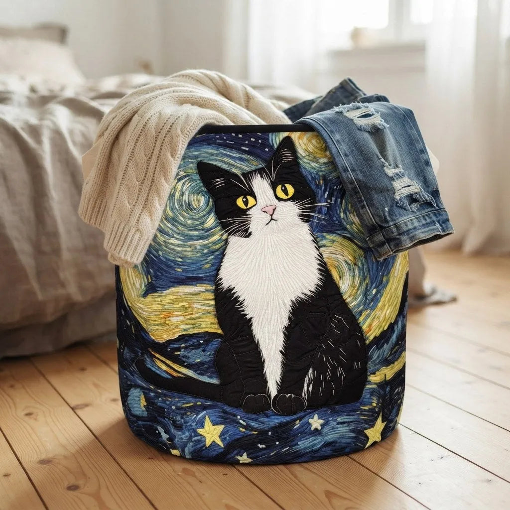 Quilted Cat Print Laundry Basket with Canvas Handles