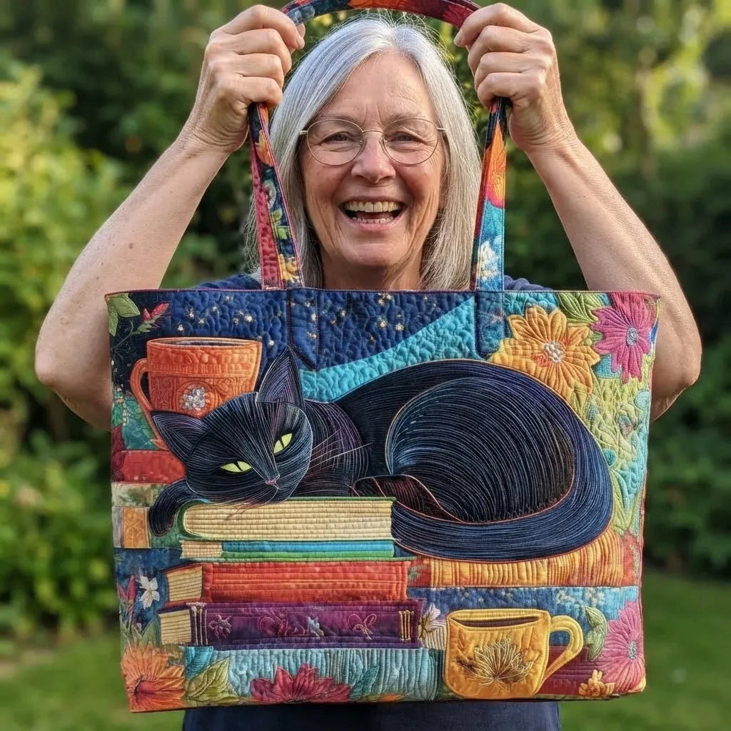 Quilted Cat Print Shoulder Tote Bag with Lining