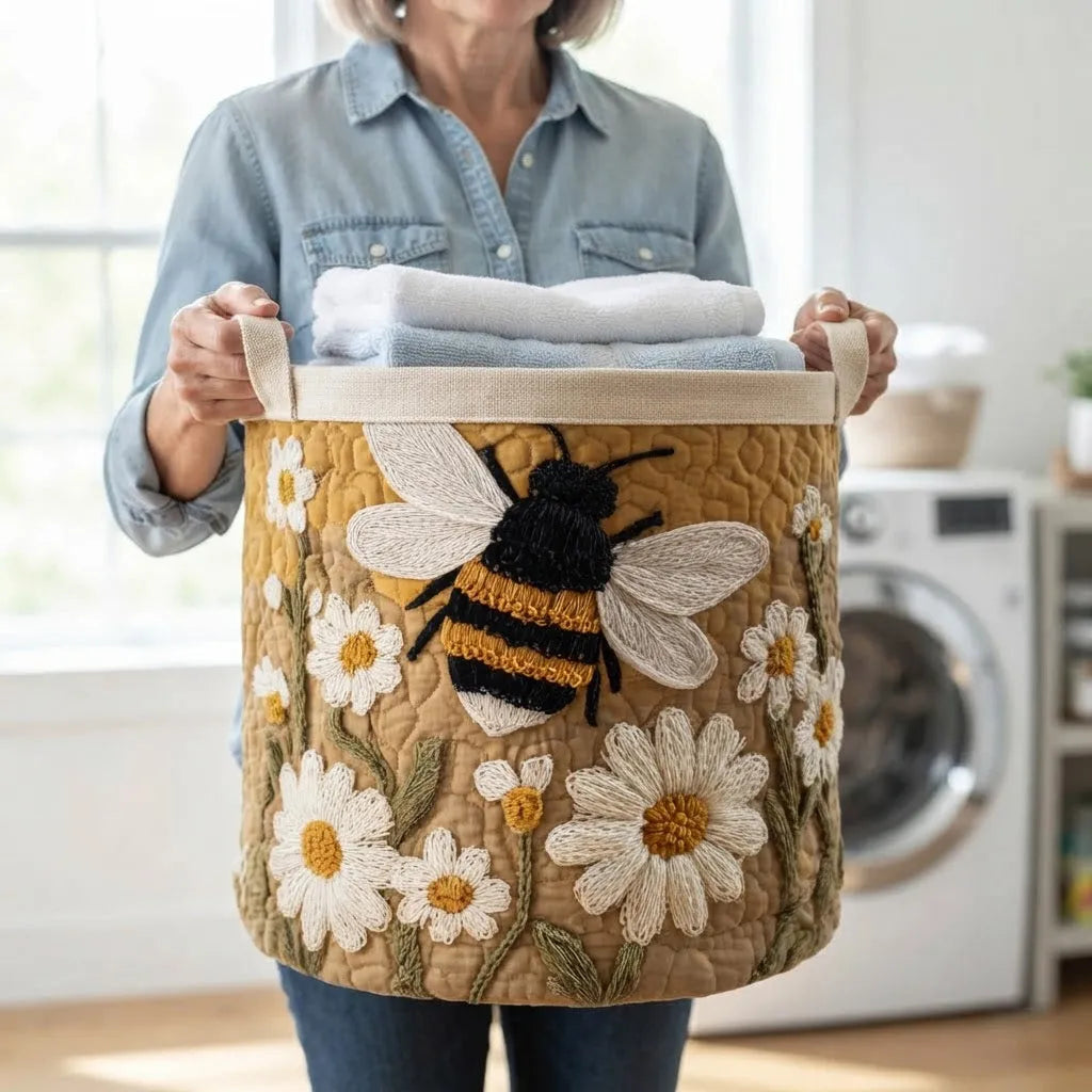 Quilted Daisy and Bee Freestanding Laundry Basket