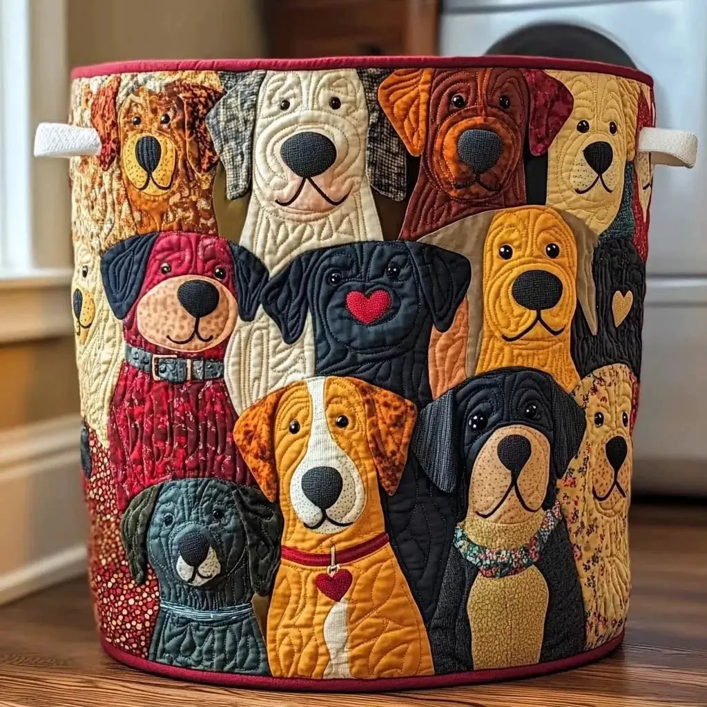 Quilted Puppy Patchwork Laundry Basket with Canvas Handles