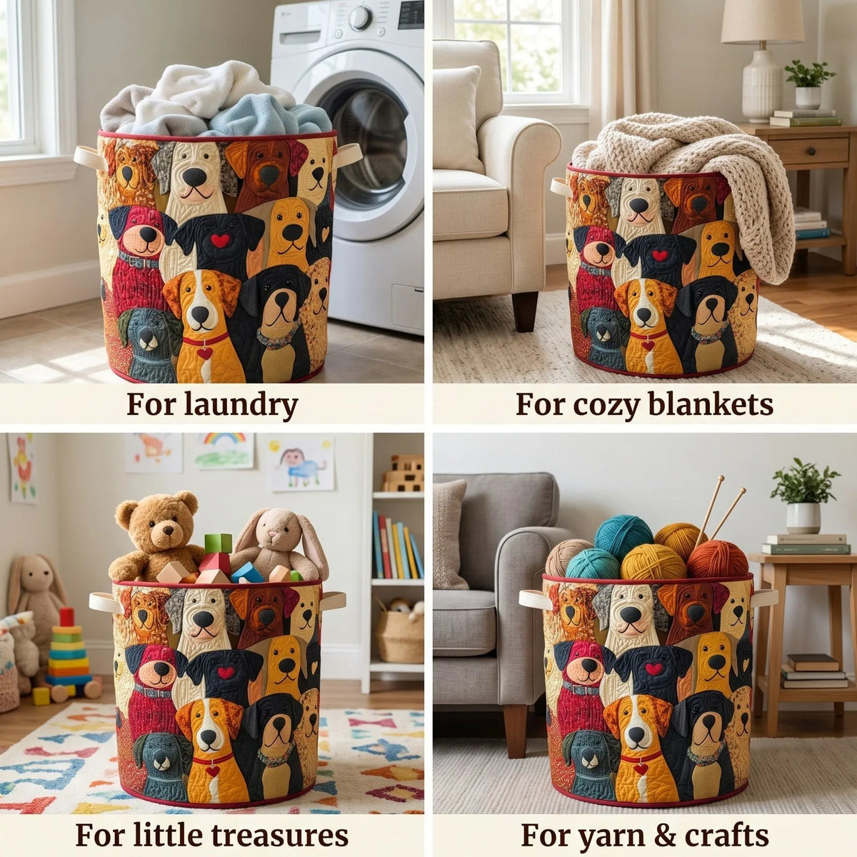 Quilted Puppy Patchwork Laundry Basket with Canvas Handles