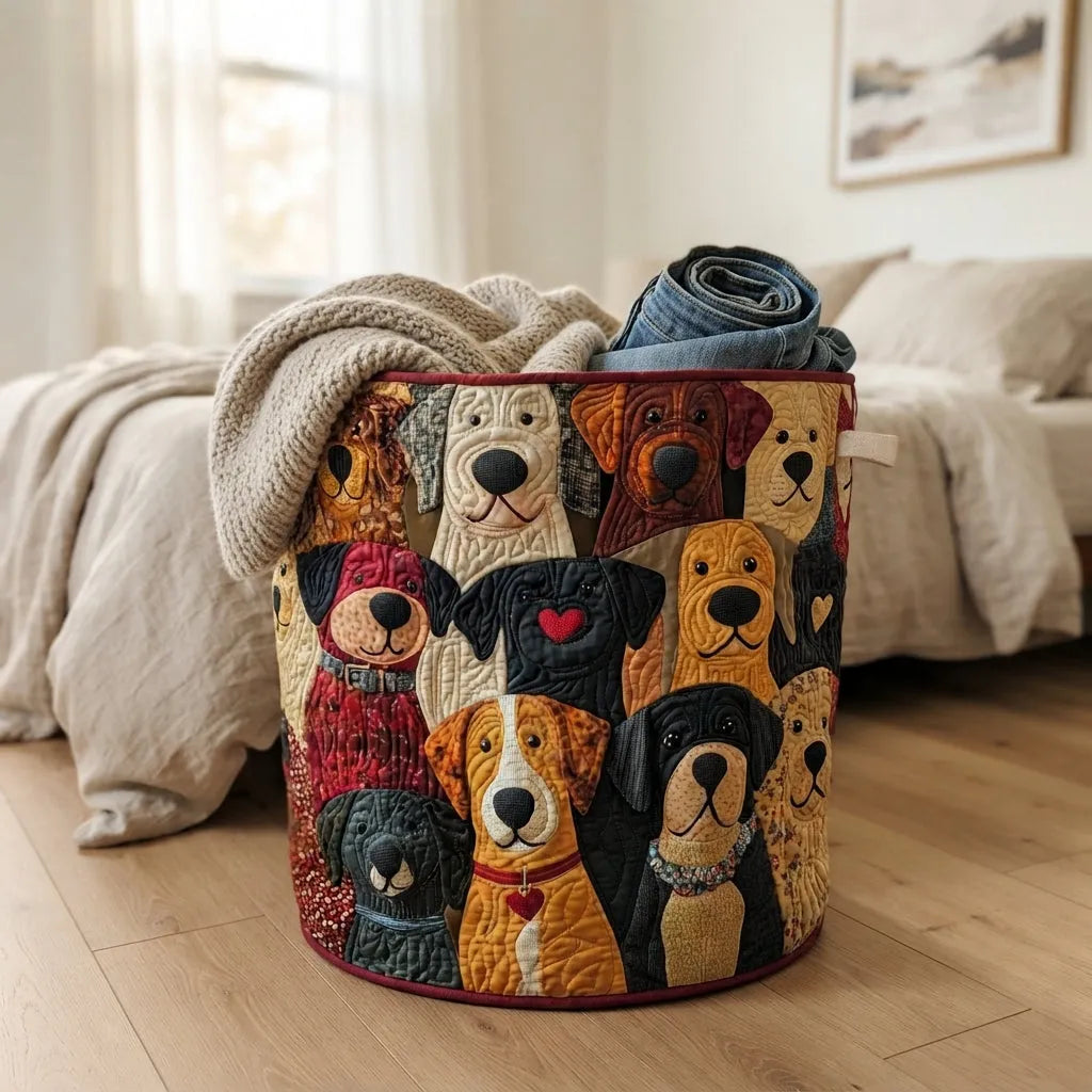 Quilted Puppy Patchwork Laundry Basket with Canvas Handles