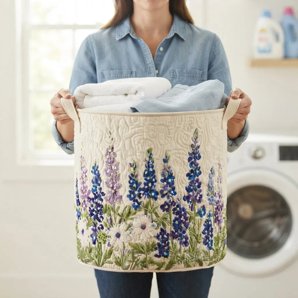 Quilted Wildflower Laundry Basket with Canvas Handles