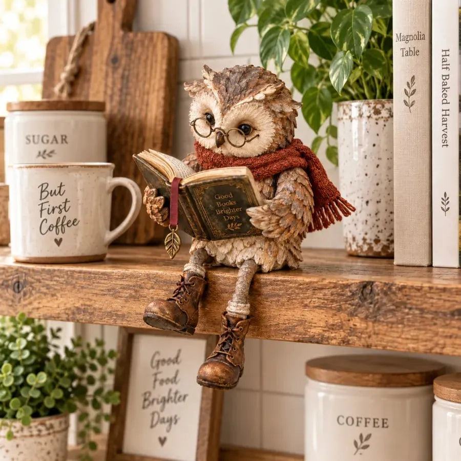 Reading Owl Decorative Figurine with Glasses and Scarf