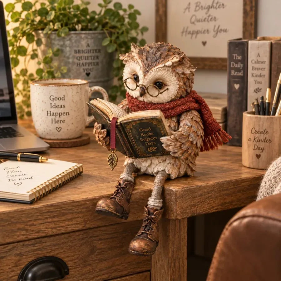 Reading Owl Decorative Figurine with Glasses and Scarf