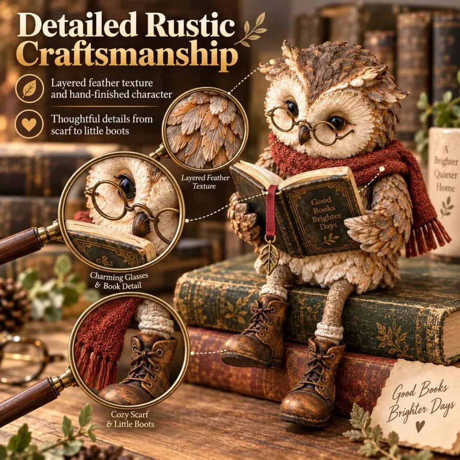 Reading Owl Decorative Figurine with Glasses and Scarf