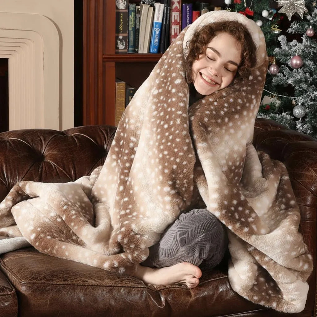 Reversible Faux Fur Deer Print Throw Blanket