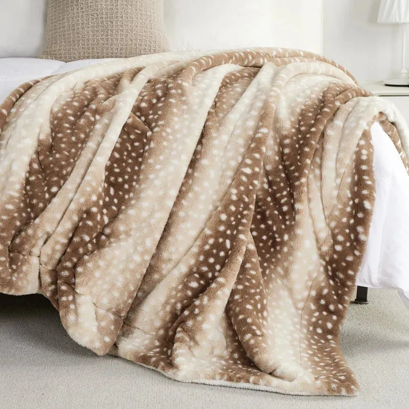Reversible Faux Fur Deer Print Throw Blanket