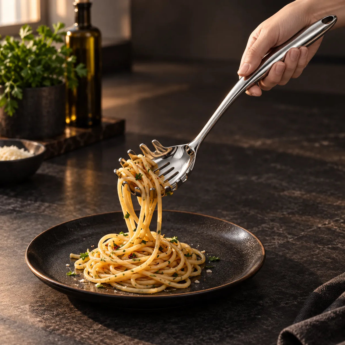 Stainless Steel Kitchen Utensil Set with Curved Handles