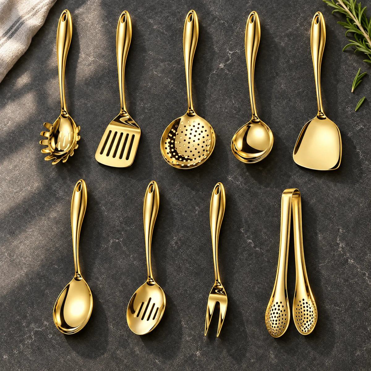 Stainless Steel Kitchen Utensil Set with Curved Handles