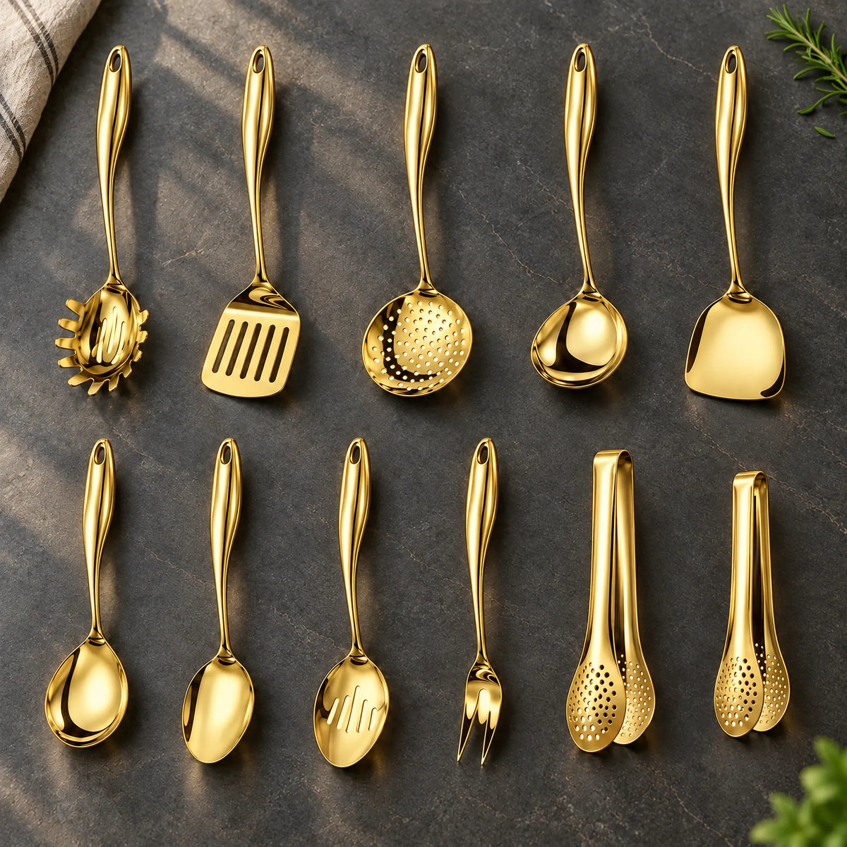 Stainless Steel Kitchen Utensil Set with Curved Handles