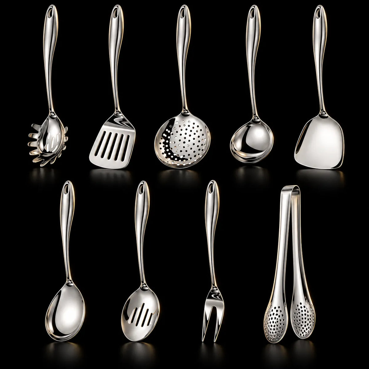 Stainless Steel Kitchen Utensil Set with Curved Handles