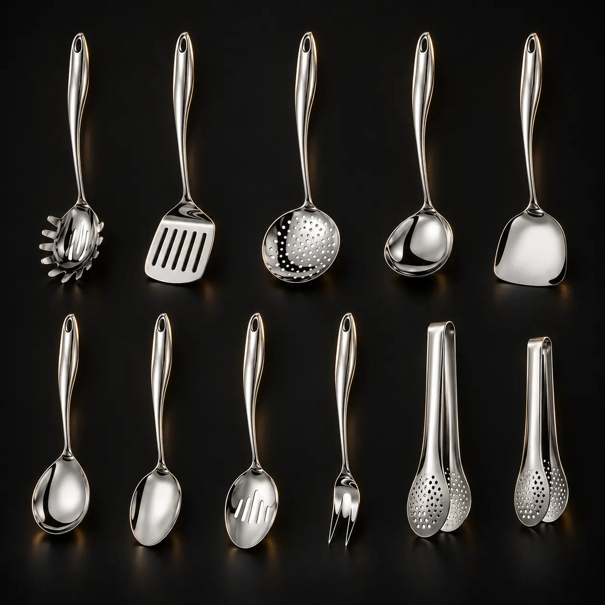 Stainless Steel Kitchen Utensil Set with Curved Handles