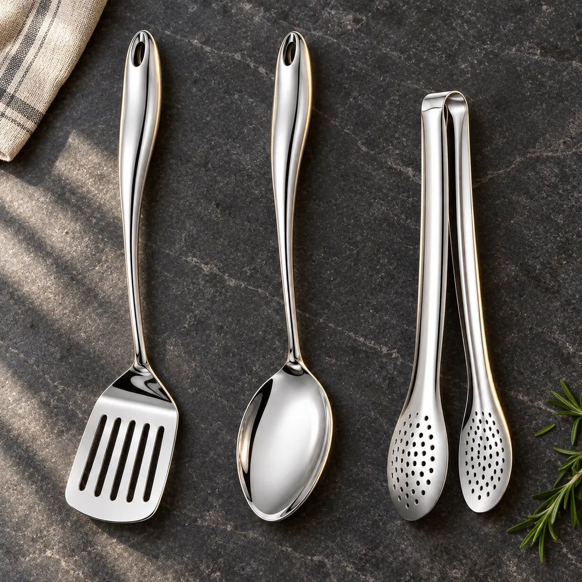 Stainless Steel Kitchen Utensil Set with Curved Handles